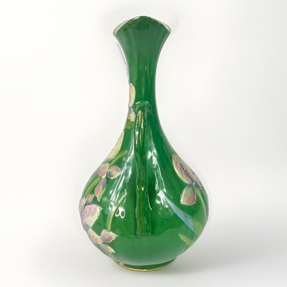 Vintage Moriage Hand Painted Textured Enamel Flowers Ewer Jug Vase 8” - Picture 3 of 7